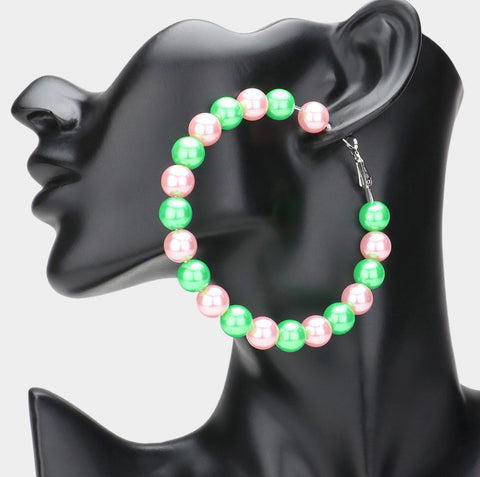 Pink and Green Pearl Hoop Earrings - Large