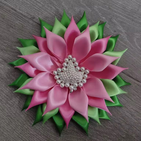 Multi Color Pink & Green Ivy Satin Flower Brooch #9