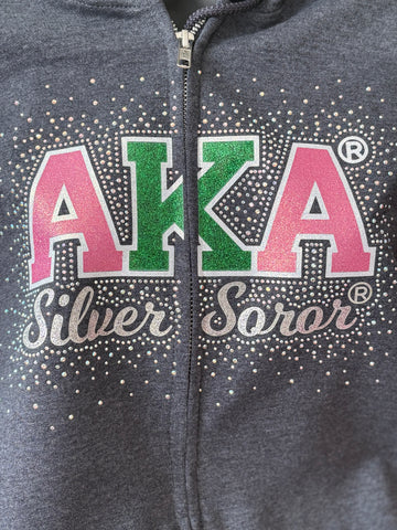 Silver Soror AKA Hoodie Zipper Sweatshirt - Gray