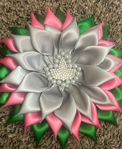 Pink, Green, Silver Ivy Satin Flower Brooch #4