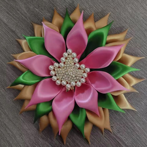 Pink, Green, Gold Ivy Satin Flower Brooch #6