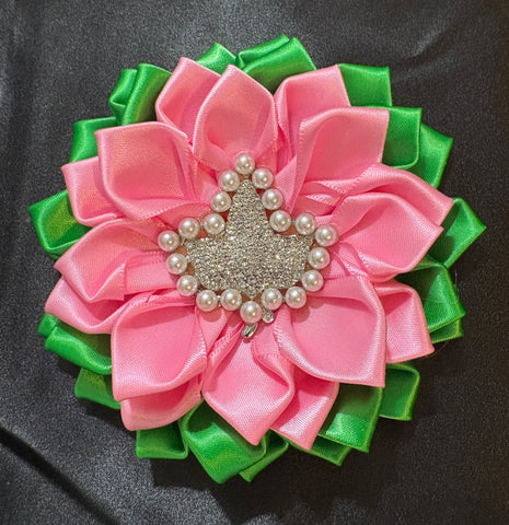 Pink & Green Ivy Satin Flower Brooch #5