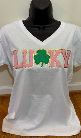 Pink & Grn Chenille LUCKY Vneck